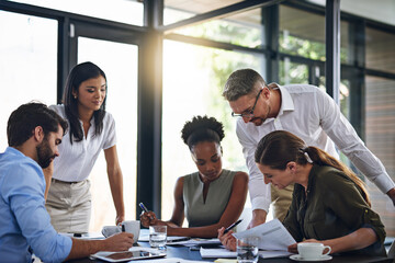 Business people, meeting and budget planning in boardroom for audit and financial logistics with...