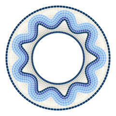 Circle mosaic ornament with wavy border, round frame in portuguese pattern with wave line, vector