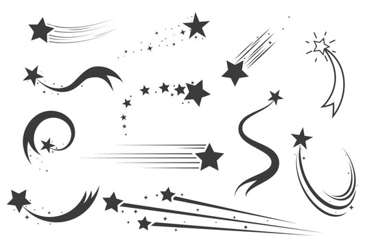 Shooting stars icons, flying star with comet tail, set of falling star with trails, vector