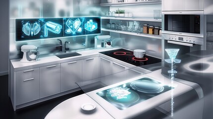 A high-tech, futuristic kitchen with automated cooking devices, smart appliances, and holographic recipe displays