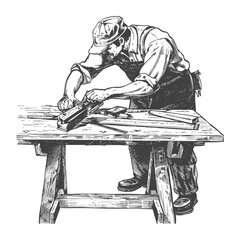 Engraved Carpenter: Woodworker Smoothing Timber with Hand Plane on Rustic Workbench.