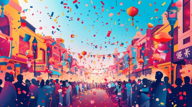 A vibrant New Year parade with floats, costumed performers, and a large audience enjoying the festivities cartoon Vector Illustration Generative AI