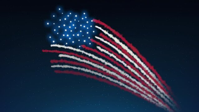 Animated fireworks US flag. USA national holiday. Independence day, veterans, memorial, labor. Animated greeting card template. Banner. American colorful fireworks flag on dark sky background