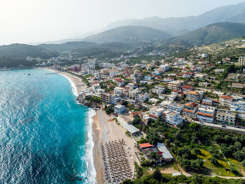 Seaside view over Himare from a drone, Albanian Riviera, Albania