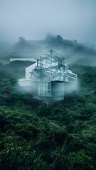 A contemporary research institute surrounded by lush greenery on a misty day
