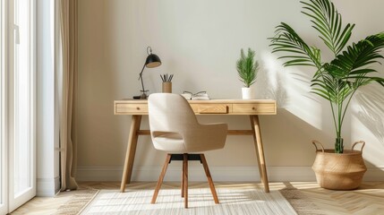 A minimalist workspace with earth-tone accessories, including a wooden desk, beige chair, and potted plant