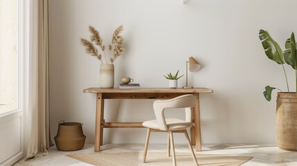 A minimalist workspace with earth-tone accessories, including a wooden desk, beige chair, and potted plant