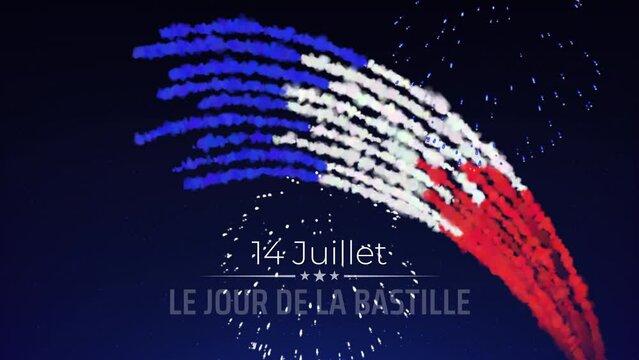 Animated 14 july bastille day in france banner. Fireworks french flag on dark sky background. French national holiday. Fireworks france flag. Translation: July 14 Bastille Day. Animated greeting card