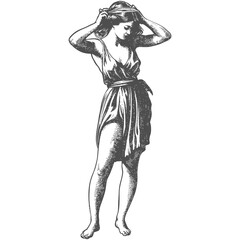 Classical Woman, Antique Engraving, Toga, Adjusting Hair, Detailed Illustration.