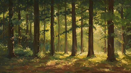 A peaceful forest scene with tall trees in shades of brown and green, sunlight filtering through the leaves
