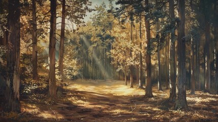 Naklejka premium A peaceful forest scene with tall trees in shades of brown and green, sunlight filtering through the leaves