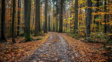 A peaceful forest trail with fallen leaves in shades of brown and gold, leading through tall trees