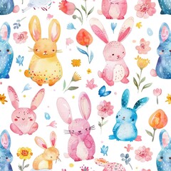 Obraz premium Delightful Watercolor Pattern of Colorful Bunnies and Spring Flowers