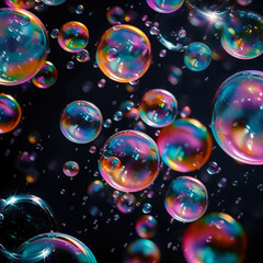 Iridescent liquid melted glass wallpaper. Soap holographic bubble background. 3d abstract dark luxury fluorescent background