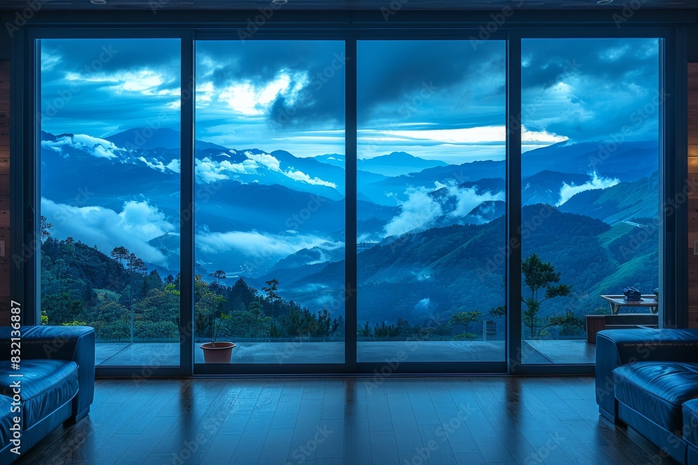 Poster stunning ocean view through a large window, framed by modern architecture, creating a serene and exp