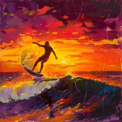 Naklejka premium Exhilarating sunset surfing scene, surfers catching waves, vibrant sky, dynamic motion, dramatic colors