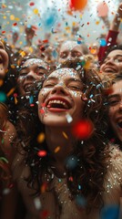 Capture the essence of modern celebrations with a dynamic low-angle view showcasing diverse groups of people uniting in festive moments, emphasizing connection and joy