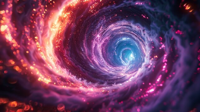 A swirling vortex of neon colors and glowing geometric shapes, background