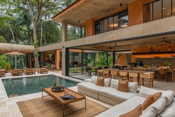 Fototapeta premium Luxurious outdoor living space with modern design, comfortable seating, and a pool, set in a lush garden environment