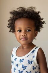 Naklejka premium young African-American child with short curly hair, wearing a white tank top with blue bow patterns, standing in a minimalist studio setting with a soft beige background