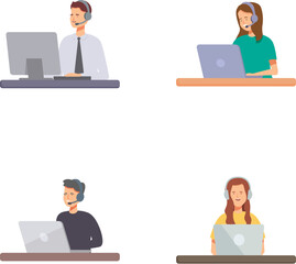 Set of illustrations depicting diverse customer service representatives working on laptops with headsets