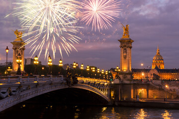 famouse Alexandre III Bridge at violet night with fireworks, Paris, France