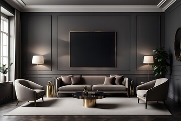 Luxury Living Room in Dark Colors with Gray Walls, Warm Lighting, and Taupe Lounge Chairs. Empty Space for Art or Picture. Rich Interior Design. Mockup of a Lounge Room or Hall Reception. 3D Render.