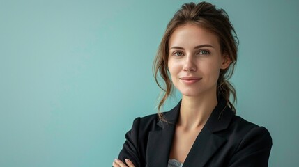 headshot of a businesswoman exuding confidence, showcasing her expression with a light blue gradient background and a simple, uncluttered left side
