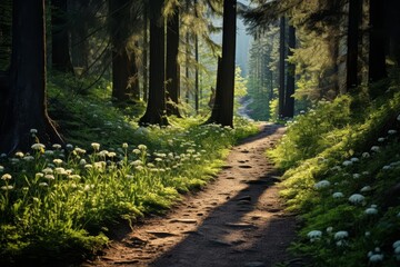 Obraz premium A hiking trail through a lush green forest, wildflowers on either side of spring landscapes.