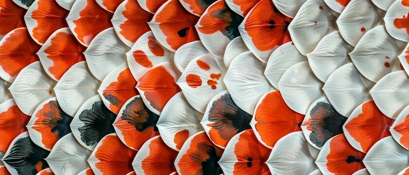seamless pattern of koi fish scale, fish print texture, white with red and black spots background, wallpaper .	
