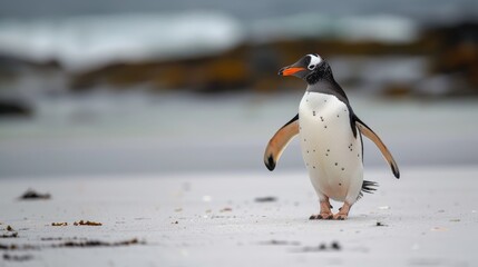 Obraz premium Gentoo Penguin spotted on a sandy beach at Sea Lion Island in the Falkland Islands