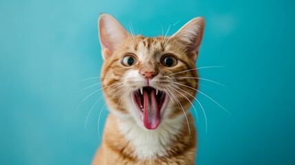Funny cat with open mouth on blue background.