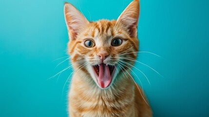 Funny cat with open mouth on blue background.