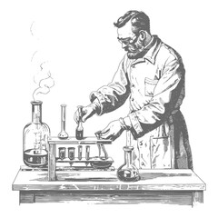 chemist in action with old engraving style black color only