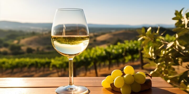 White Wine in a Glass with a Sunny Vineyard Background. Concept Wine Tasting, Vineyard Landscape, Glassware Photography, Wine Lover's Delight, Wine Country Views