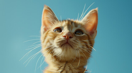 Cute tabby kitten on blue sky background.