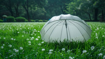 knitted, white umbrella on green grass