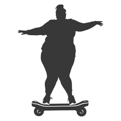 silhouette fat woman riding hoverboard full body black color only