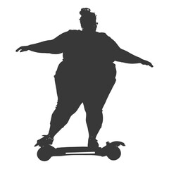 silhouette fat woman riding hoverboard full body black color only