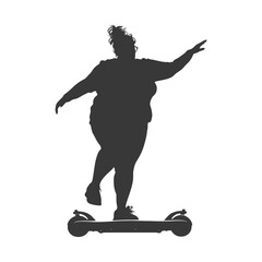 silhouette fat woman riding hoverboard full body black color only