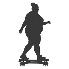 silhouette fat woman riding hoverboard full body black color only