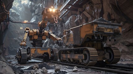 A mining robot in a cave next to a trolley filled with ore