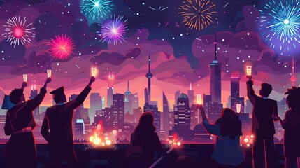 Fototapeta premium A group of friends celebrating New Year Day at a rooftop party with a city skyline and fireworks in the background cartoon Vector Illustration Generative AI