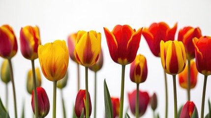 Red and yellow tulips against a white backdrop