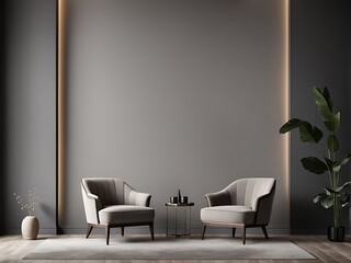 Luxury Living Room in Dark Colors with Gray Walls, Warm Lighting, and Taupe Lounge Chairs. Empty Space for Art or Picture. Rich Interior Design. Mockup of a Lounge Room or Hall Reception. 3D Render.