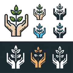 Plant, sprout in a hand icon. Line, glyph and filled outline colorful version