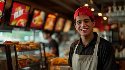 Smiling Fast Food Worker in Uniform at Restaurant Counter