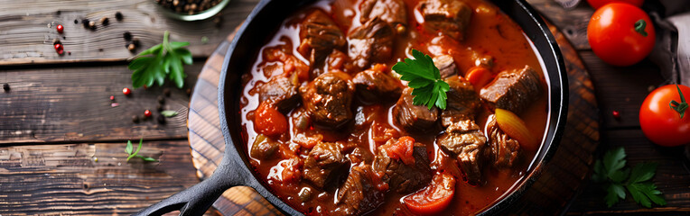 Hungarian goulash with vegetables and meat in a  bowl on a dark shelf with tamatos and spices eid...