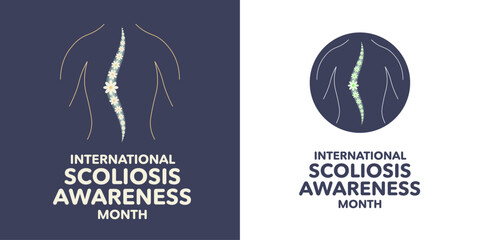International Scoliosis Awareness Month banner, celebrated annually every June. Human Illustration with scoliosis. Rows of flowers to illustrate bent spine. Vector Illustration. 
