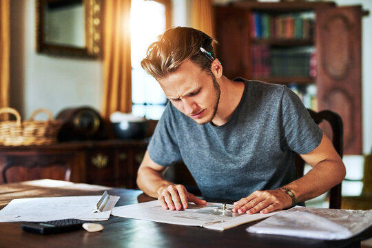 Blueprint, problem and architect planning a project in home office confused with paperwork mistake. Architecture, writing and man review notes for floor plan, document or frustrated with strategy